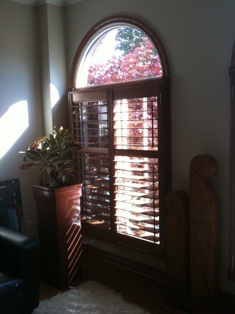 Stained wood shutters on an arch-top window